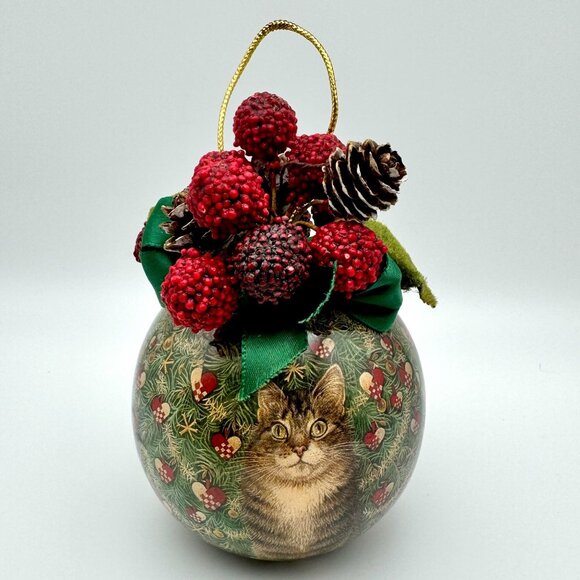 Vtg Enesco 90s Cat Ornament Paper Mache Christmas Holiday Decor Berries - Picture 2 of 9